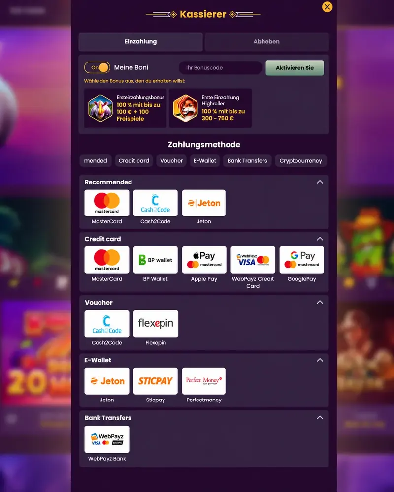 Bizzo Casino Kasse mit Feld für den Bonus Code und Auswahl der Zahlungsmethode
